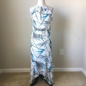 Bamboo print high low ruffle maxi dress